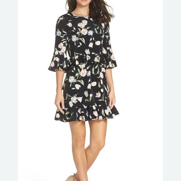 NWT Avec Les Filles Black Floral Print Ruffle A Line Mini Dress Size 6 - Picture 1 of 13